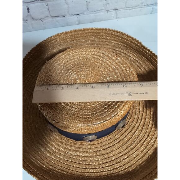 VTG Eric Javits Golden Straw Hat Sun Wide Brim Wide Band Brass And Stone Details - Picture 12 of 16